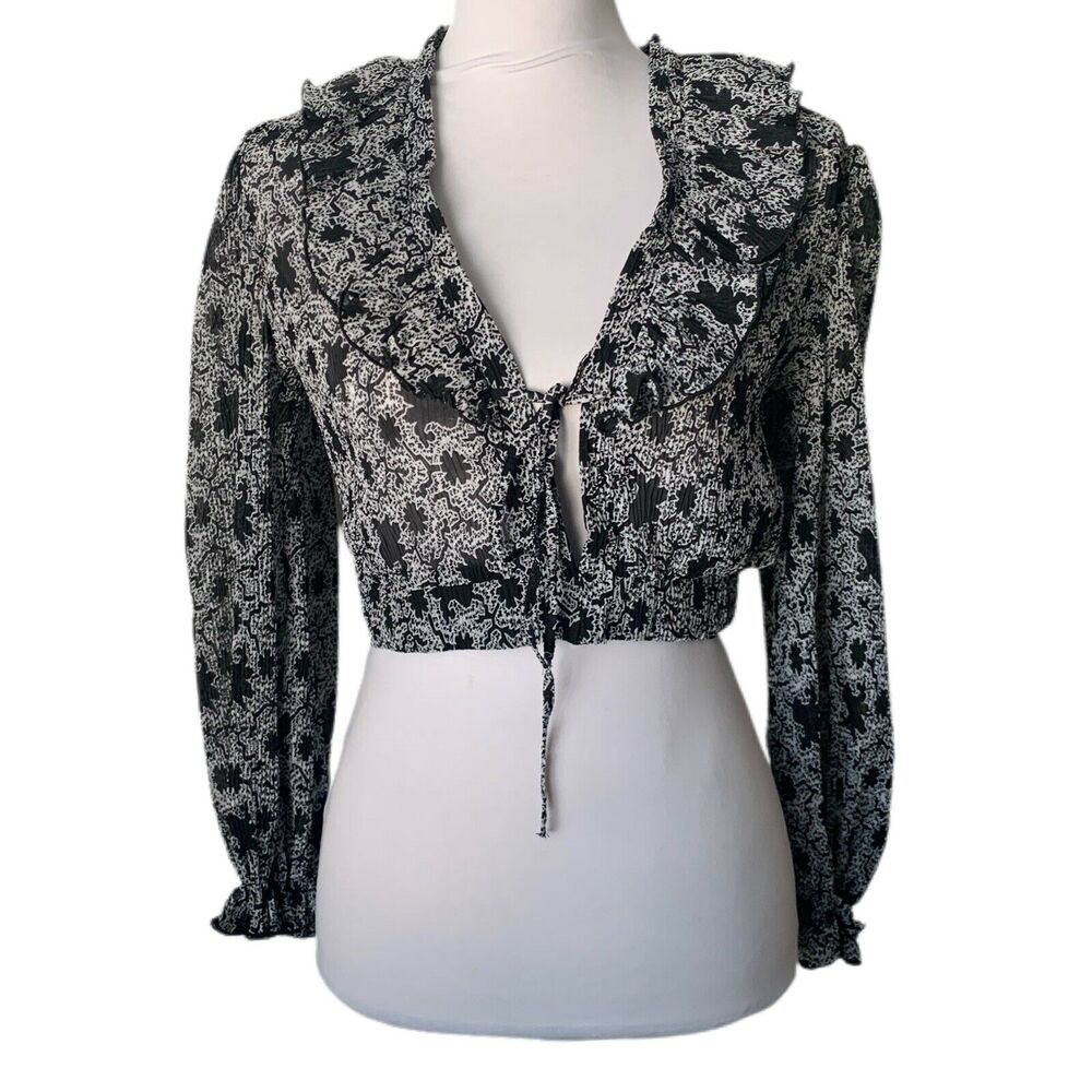 Topshop Abstract Print Long Sleeve Crop Top US Size 10 Black NWT